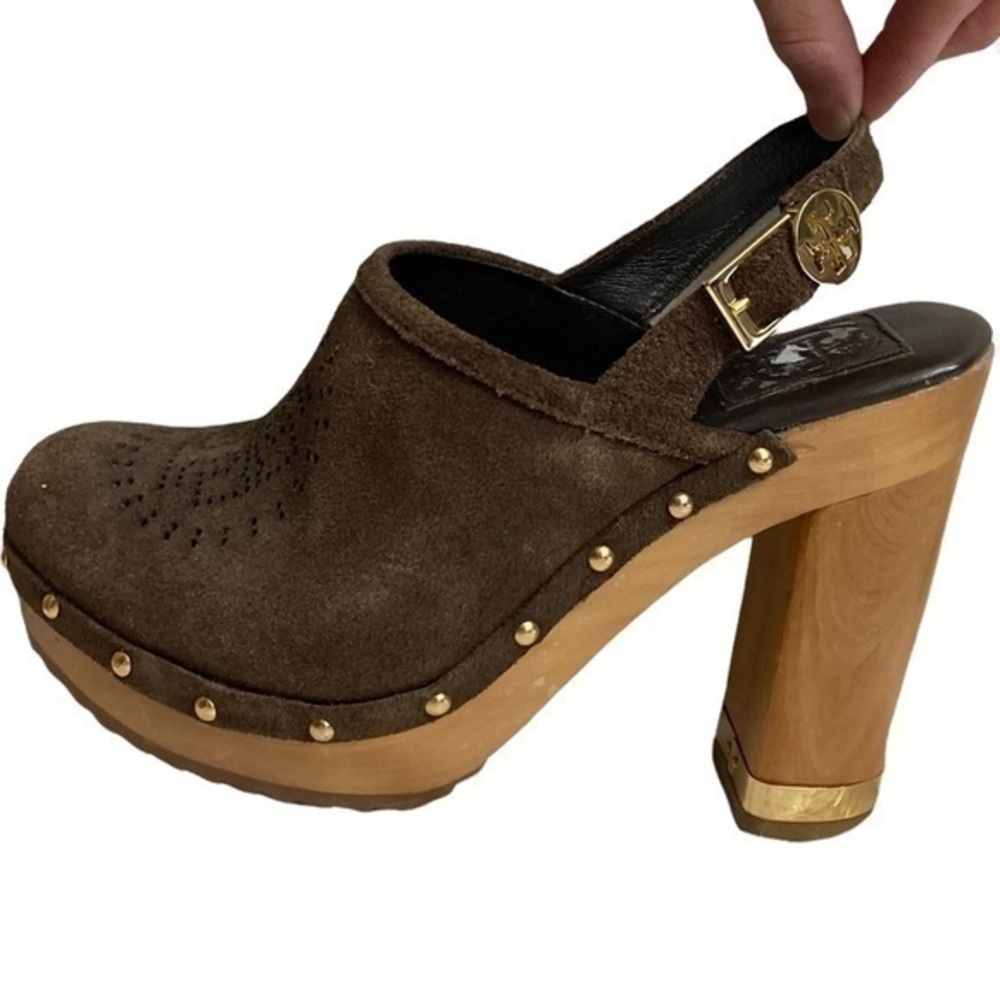 Tory Burch brown suede leather mules heels